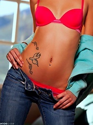 Mia Lina removes her aqua jacket and pink bra - Digital Desire